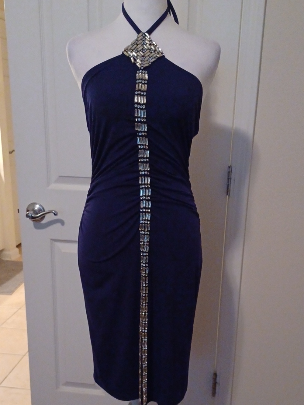 << Moda International  Navy Dress with Rhinestone Center Trim